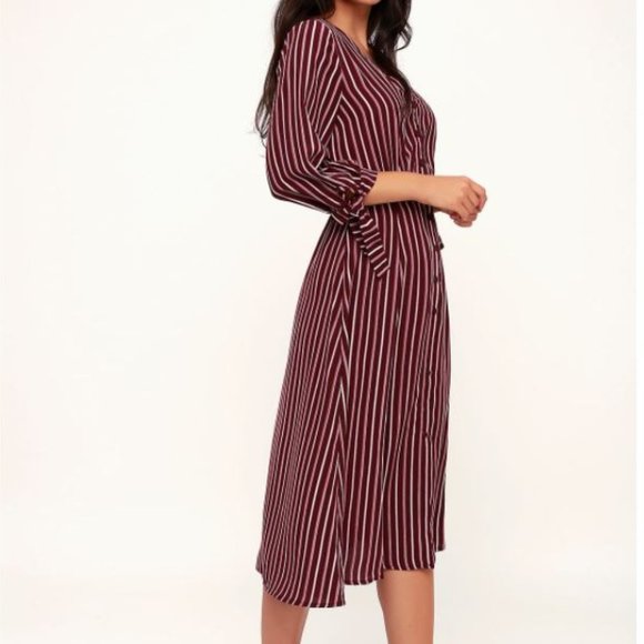 Lulu's Parisa Burgundy Stripe Button-Front Dress - Picture 4 of 11